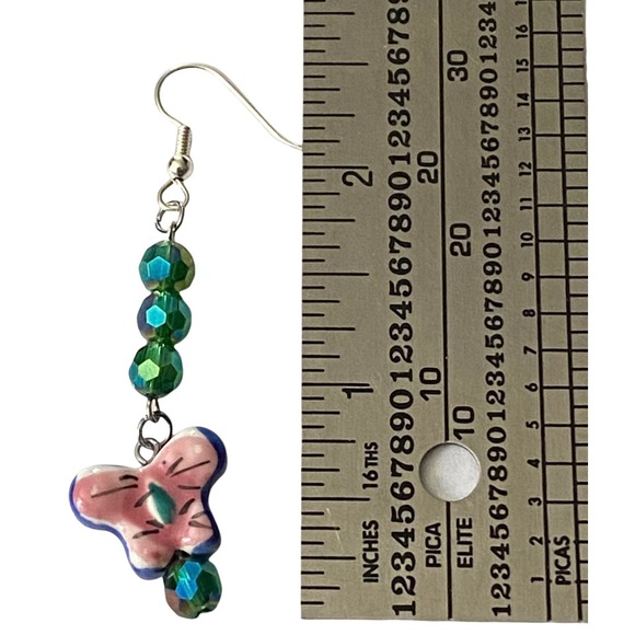 Hand Crafted Porcelain Butterfly Dangle Earrings Blue Pink Green Pretty Spring - Picture 4 of 4